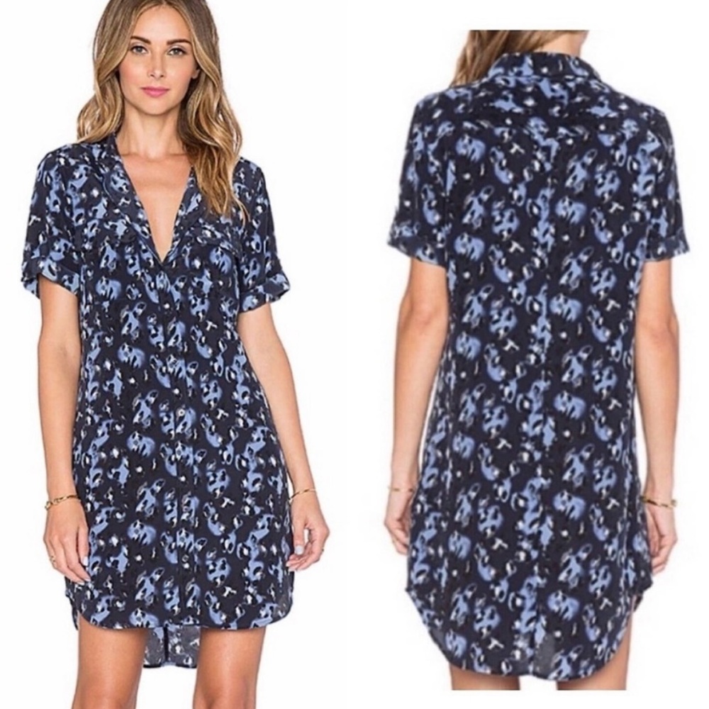 Equipment Femme Button Down Silk Mini Shirt Dress Blue Leopard Print